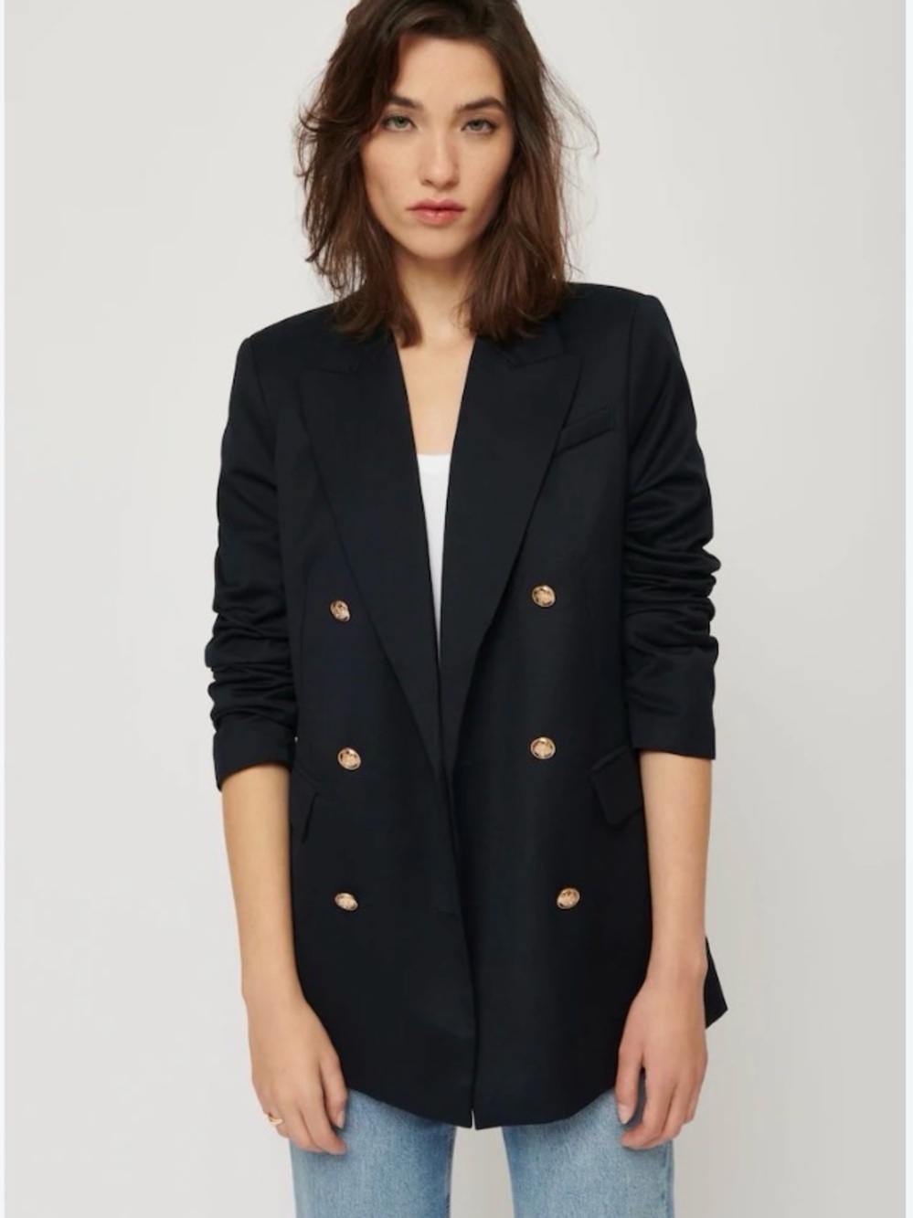 Dynamite Double-Breasted Navy Blazer with Gold Buttons